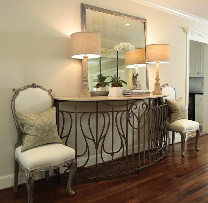 Foyer Decor With Entryway Console Table And Large Silver Mirror